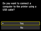 USB connection screen: Connect a computer to the printer using a USB cable